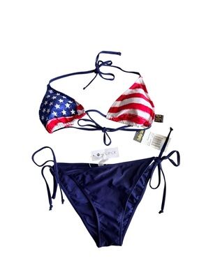 Endless Sun/ Hollipick American Flag Triangle Bikini Top & Navy Tie-Side Bottoms